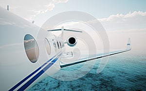 Closeup of realistic photo white, luxury generic design private jet flying over the ocean.Modern airplane and clouds in a sky on