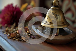 closeup of reception bell with herbal concoction aside