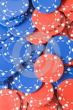 Closeup of red and blue poker chips