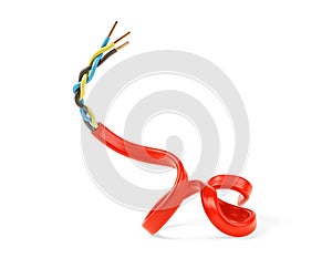 Closeup of red electric cable on white background