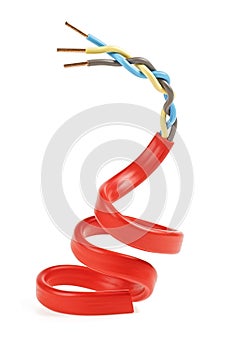 Closeup of red electric cable on white background