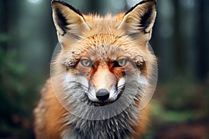 Closeup of a red fox face who looks at the viewer.