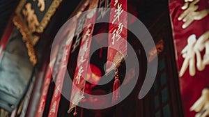 A closeup of a red and gold banner with calligraphy wishing a prosperous and fortunate new year hung above a doorway photo