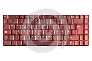 Closeup of a red modern computer keyboard isolated on white background. Close up view of a business workplace with wireless