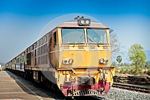 Closeup of Red orange train, Diesel locomotive