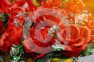 Closeup red rose flowers and white flowers bouquet background, nature, copy space