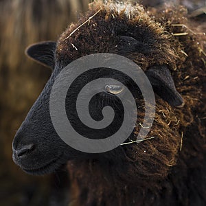 Closeup red sheep with black muzzle