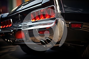 Closeup red tail lights of retro vintage sports car. Generative AI