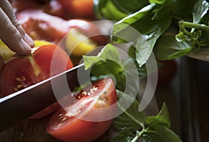 Closeup of red tomato cut in halves