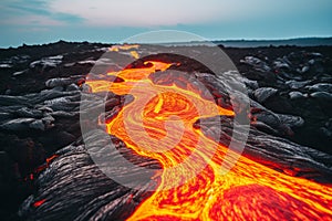 Volcanic lava flow under the blue sky