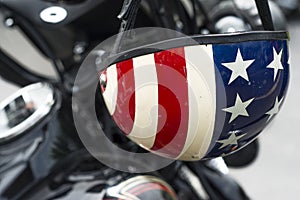 closeup of red white and blue American flag motorcycle helmet