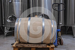 Closeup red wine glass on background of wooden oak barrels stacked in straight rows in order in cellar of wine, vault. Concept