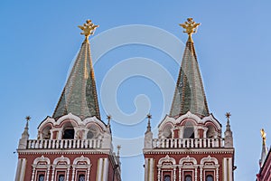Closeup of Resurrection Gate on Red Square in Moscow in a sunny day