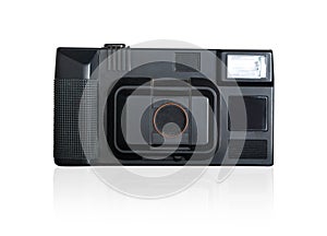 Closeup retro film photo camera isolated on white background