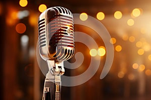 Closeup retro microphone on stage, music background