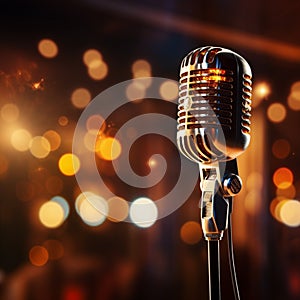 Closeup retro microphone on stage, music background