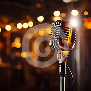 Closeup retro microphone on stage, music background