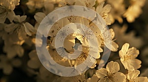 The closeup reveals a plethora of delicate white blossoms covering a cherry tree. The petals are slightly ruffled photo