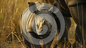 Closeup of a rhino calf standing protectively next to its mothers body a heartbreaking image of an orphaned baby left photo