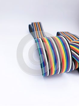 closeup ribbon cable or coded flat cable isolated on white background