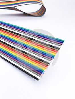 closeup ribbon cable or coded flat cable isolated on white background