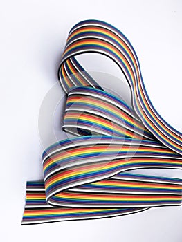 closeup ribbon cable or coded flat cable isolated on white background