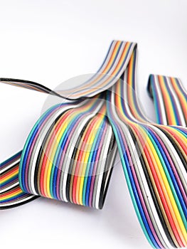 closeup ribbon cable or coded flat cable isolated on white background