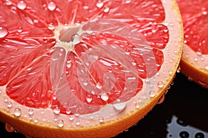 closeup ripe juice sliced red grapefruit in water drops top view on black background