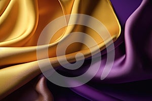 Closeup of rippled yellow and purple satin silk fabric. Generative AI