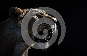 A Closeup of a Roaring Lioness in the Dark