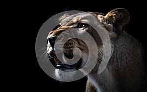 A Closeup of a Roaring Lioness in the Dark