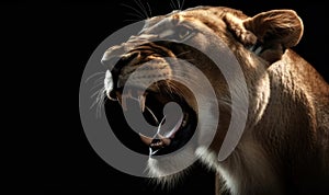 A Closeup of a Roaring Lioness in the Dark