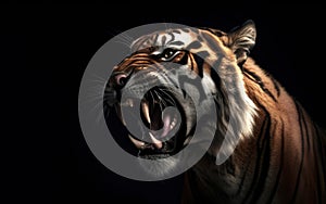 A Closeup of a Roaring Tiger in the Dark