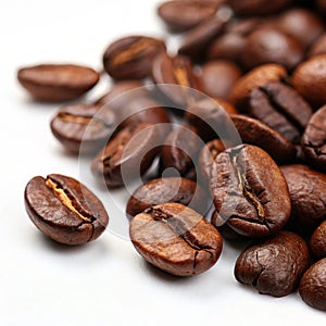 Closeup of roasted coffee beans isolated on white background photo
