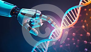 Closeup robot hand touching a DNA chain. Artificial intelligence technology concept, science innovation of human genome