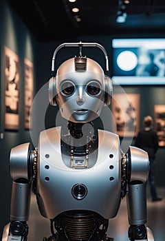 A closeup of a robot wearing headphones in a museum