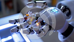 Closeup of a robotic device administering medication to a patient based on predictions made by an AI platform optimizing
