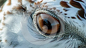 Closeup of a rock ptarmigans large round eye surrounded by white feathers providing a sharp contrast to its dark beak