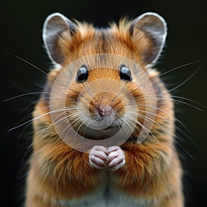 Closeup of a rodents face with whiskers and a fawn snout