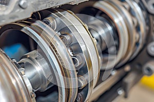 closeup of roller bearings in a disassembled motor