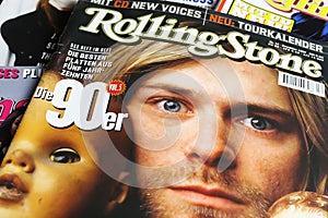 Closeup of Rolling Stone music magazine cover with portrait of nirvana singer Kurt cobain in the nineties