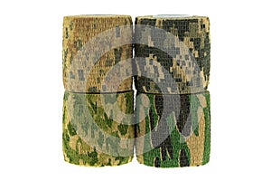 Closeup rolls of fabric camouflage pattern stretchable bandage t