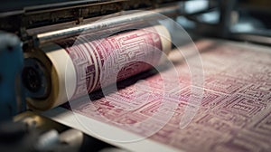 Closeup of a rolltoroll textile printer demonstrating the process where dynamic patterns merge with embedded conductive