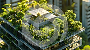 A closeup of a rooftop garden reveals an intricately designed oasis amidst the concrete jungle. Plants and trees form a