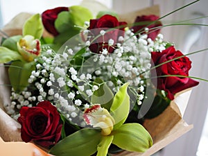 Closeup of rose bouquet isolated on white using in wedding or any greeting ceremony