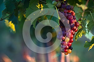 Closeup of rose red wine grapes in the vineyard