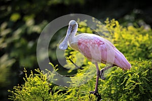 Closeup of a Roseate spoonbill Platalea ajaja perched in a tree