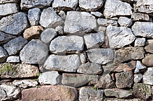 Closeup of rough grey old stone wall texture