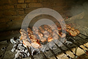 Closeup Row of Armenian Barbecues or Khorovats Being Grilled on Clay Oven