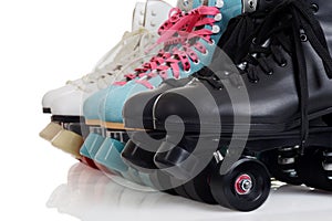 Closeup row of quad roller skates